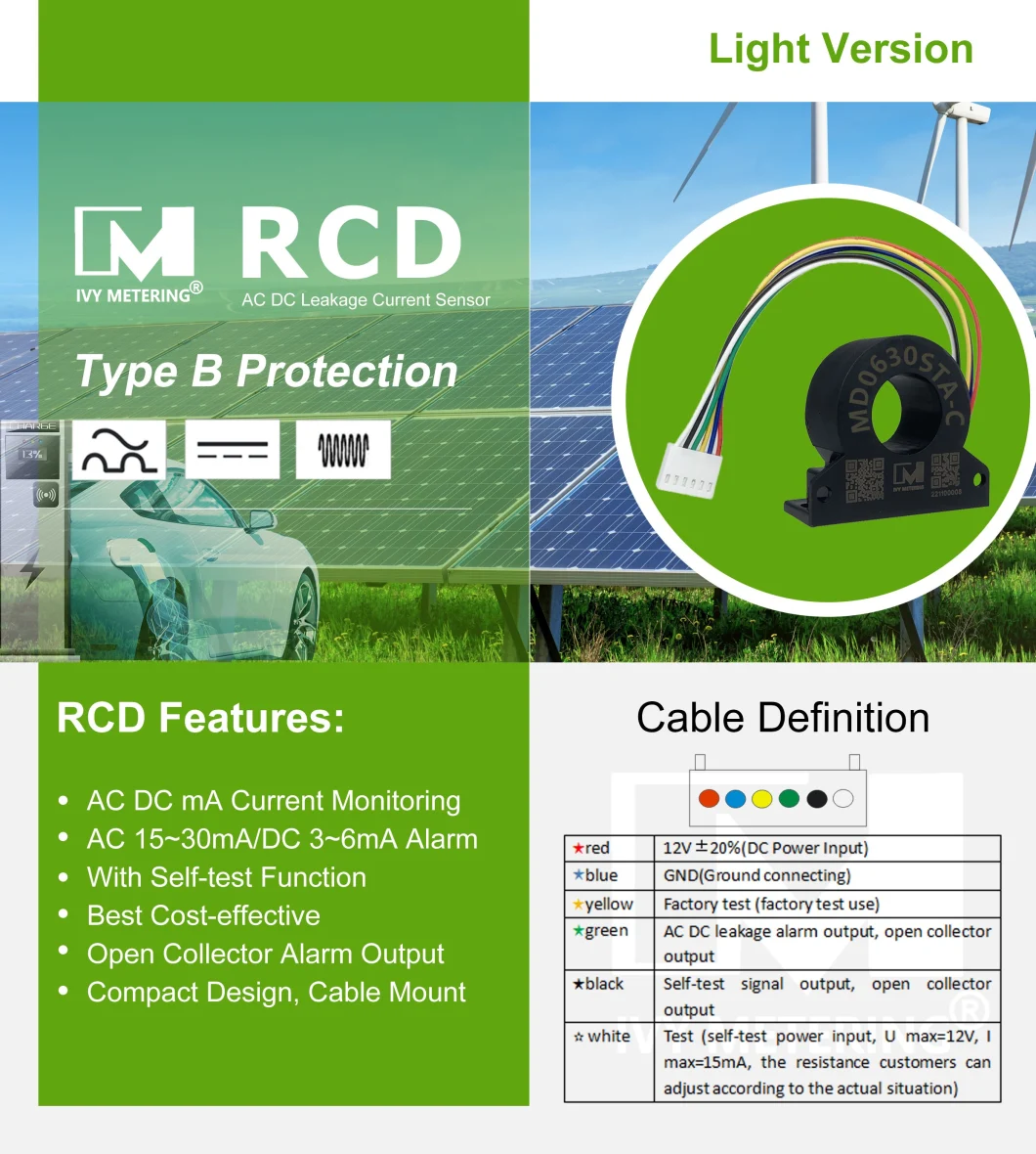 EV Charger Self-Testing RCD Protection Device 30mA AC 6mA DC Leakage Detection Current Sensor